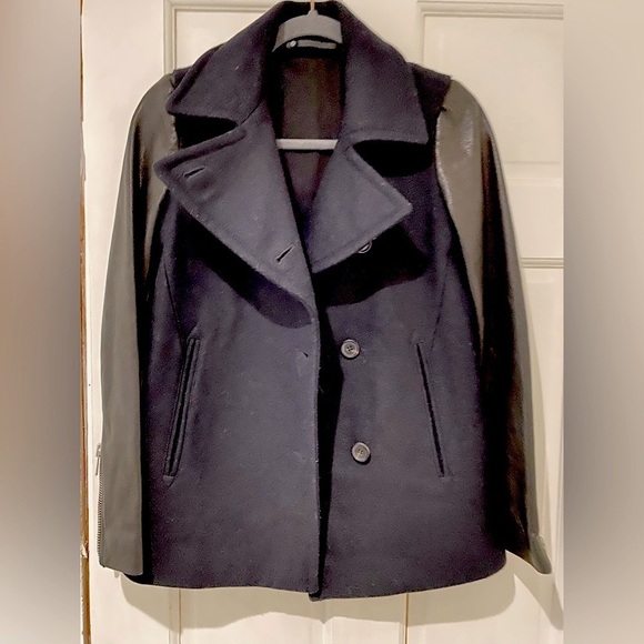 AllSaints Black Italian Cloth Leather/Wool Pea Coat, size 0 - Picture 6 of 9